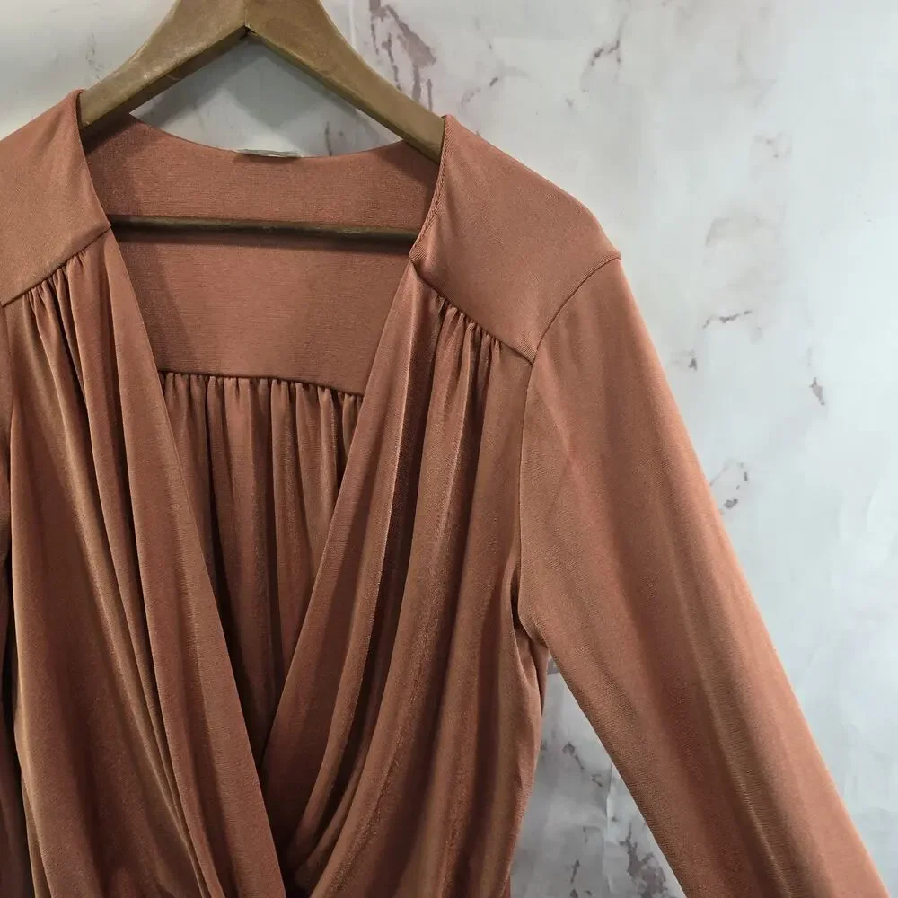 Free People Bodysuit Womens Large Peach Turnt Long Sleeve V Neck Thong Ginger